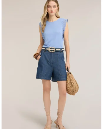Bluza slim fit din amestec de in cu garnituri din dantela, Albastru azur