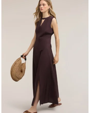 Rochie lunga din bumbac cu slit frontal, Maro inchis