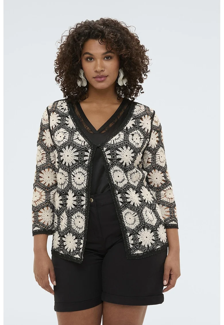 Cardigan cu maneci trei sferturi si broderie, Alb fildes/Negru