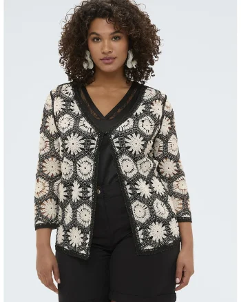Cardigan cu maneci trei sferturi si broderie, Alb fildes/Negru