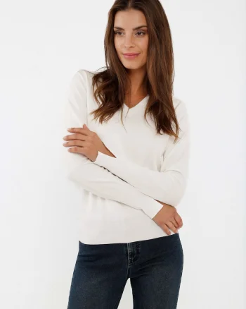 Pulover dama cu decolteu in V,  S-Neli, Slim Fit, crem, Alb crem