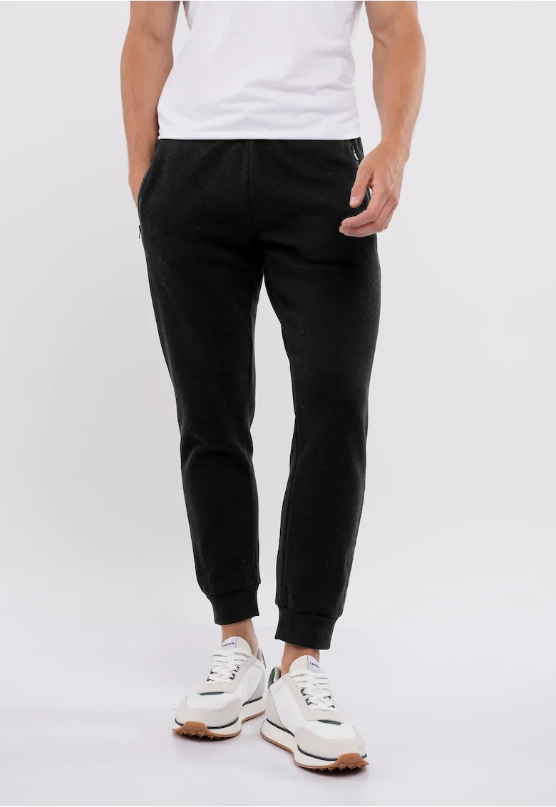 Pantaloni jogger din amestec de bumbac cu buzunare si fermoar,  N-Nicer, Negru, Negru