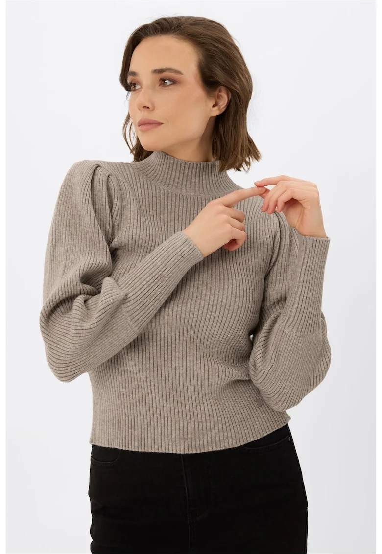 Pulover dama cu guler inalt, maneci volane,  S-Moka, bej, Bej