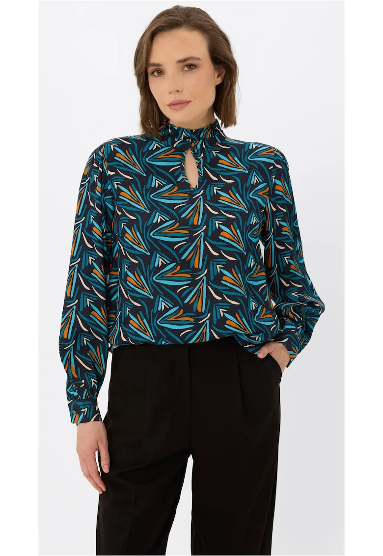 Bluza lejera cu maneci lungi, cu model abstract, guler cu volane,  K-Banax, torquaz, Turcoaz/Multicolor