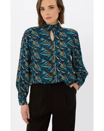Bluza lejera cu maneci lungi, cu model abstract, guler cu volane,  K-Banax, torquaz, Turcoaz/Multicolor