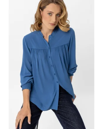 Bluza dama lejera, plisata,  K-Enet, cu nasturi, maneci lungi cu mansete elastice, Albastru, Albastru