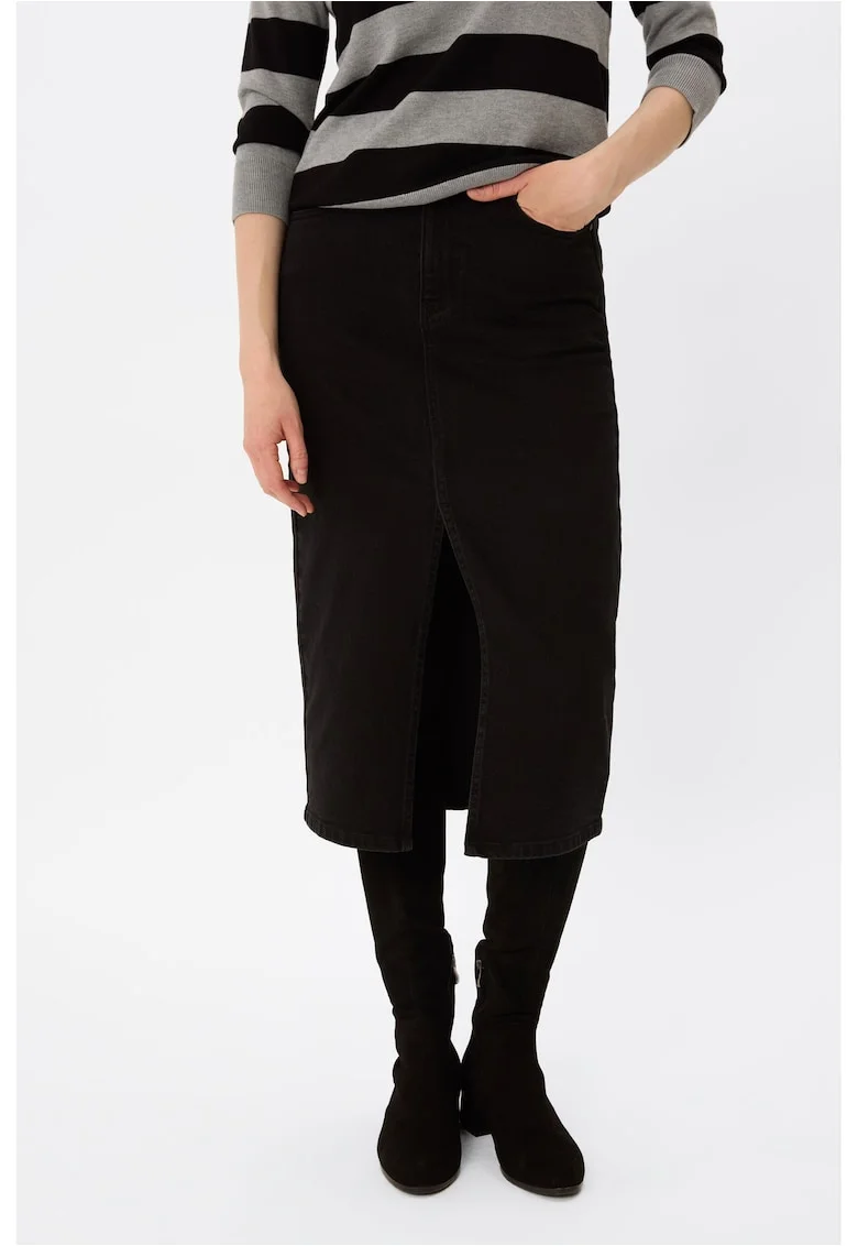 Fusta midi din denim cu slit frontal  G-Vyen, cu buzunare, Neagra, Negru
