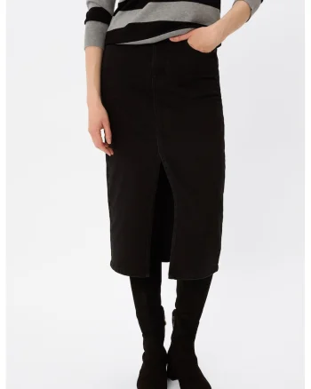 Fusta midi din denim cu slit frontal  G-Vyen, cu buzunare, Neagra, Negru