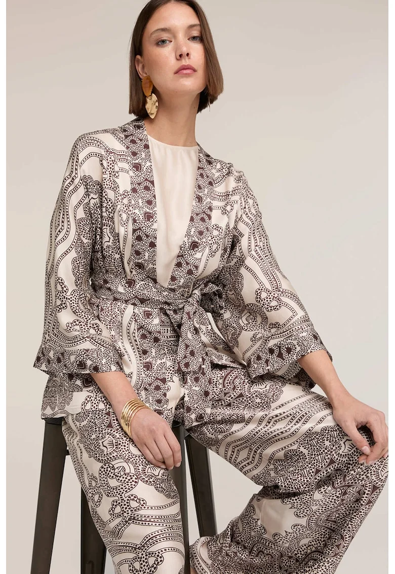 Chimono din satin cu model si cordon in talie, Negru/Alb murdar