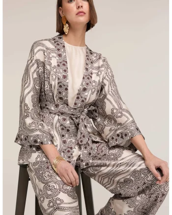 Chimono din satin cu model si cordon in talie, Negru/Alb murdar