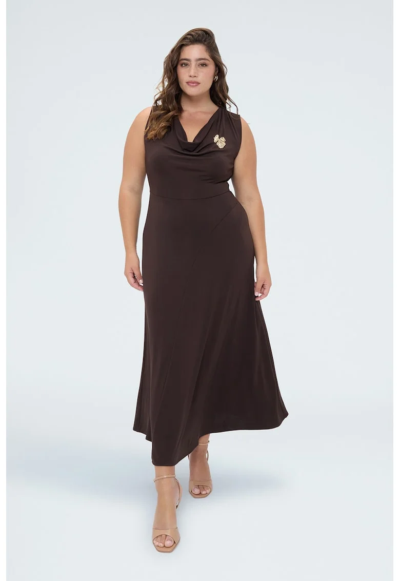 Rochie midi evazata cu decolteu drapat, Maro inchis