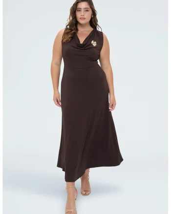 Rochie midi evazata cu decolteu drapat, Maro inchis