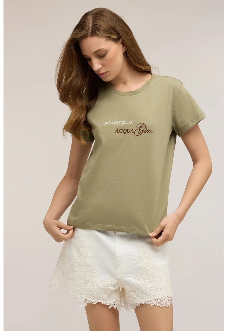 Tricou din bumbac cu broderie text, Masliniu deschis