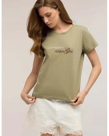 Tricou din bumbac cu broderie text, Masliniu deschis