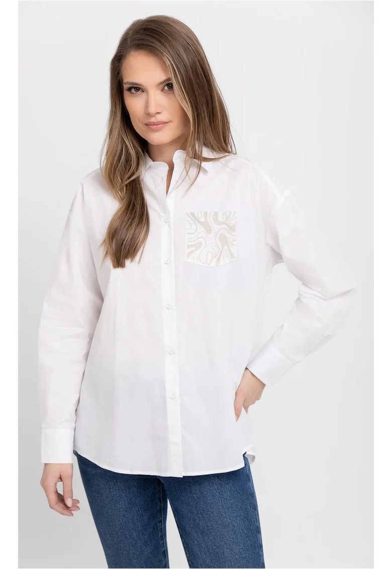 Camasa supradimensionata din bumbac cu broderie decorativa pe piept,  K-Celli, Alba, Alb