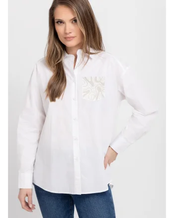 Camasa supradimensionata din bumbac cu broderie decorativa pe piept,  K-Celli, Alba, Alb