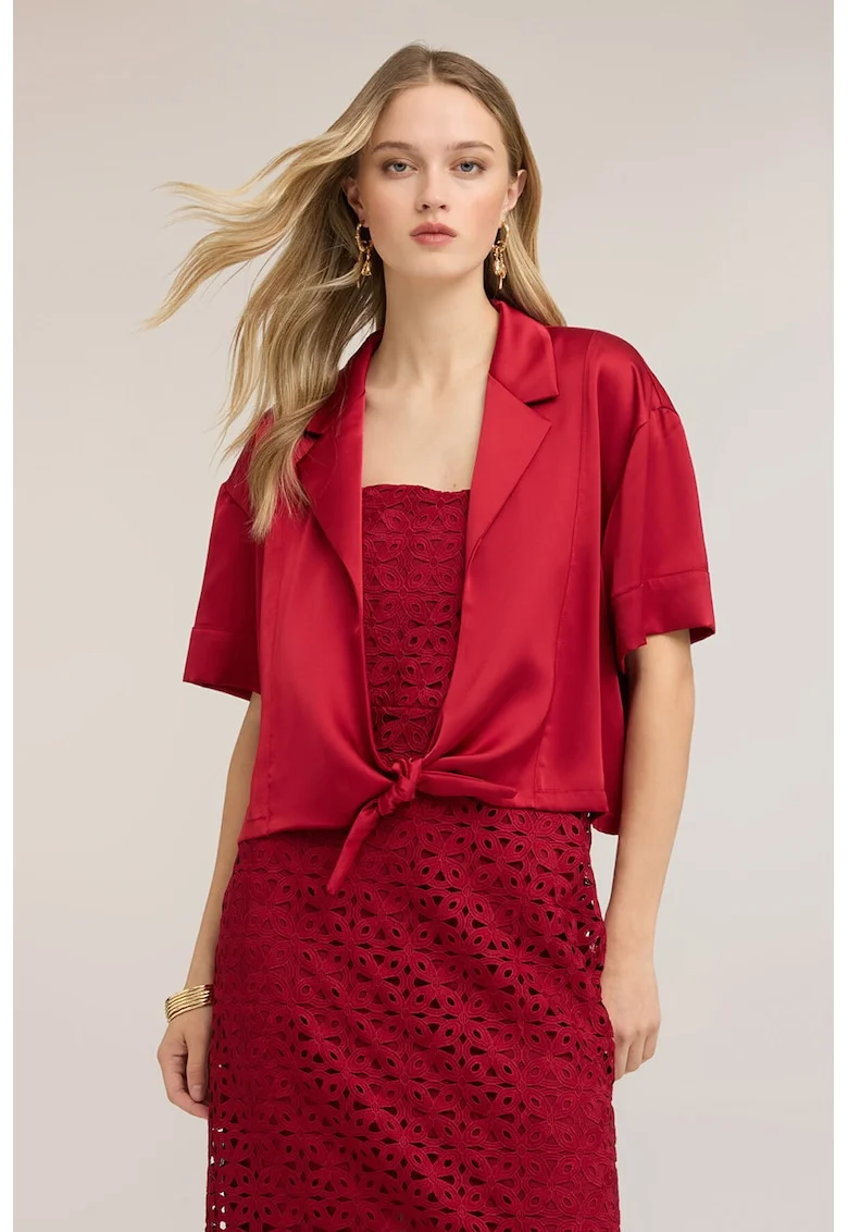 Cardigan fara inchidere cu aspect satinat, Rosu cireasa