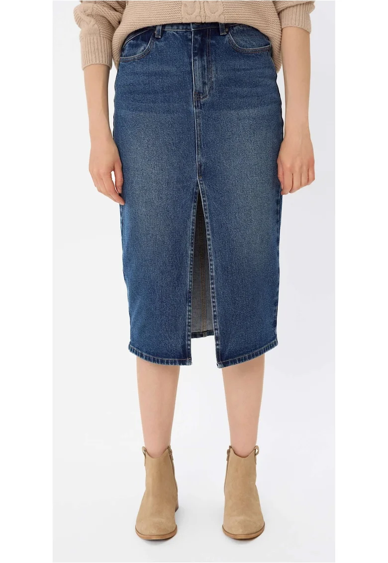 Fusta midi din denim cu slit frontal  G-Vyen, Bleumarin, Bleumarin inchis