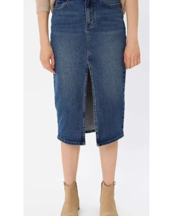 Fusta midi din denim cu slit frontal  G-Vyen, Bleumarin, Bleumarin inchis
