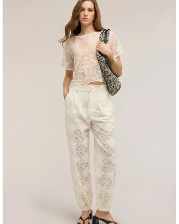 Bluza din dantela cu broderie, Alb fildes