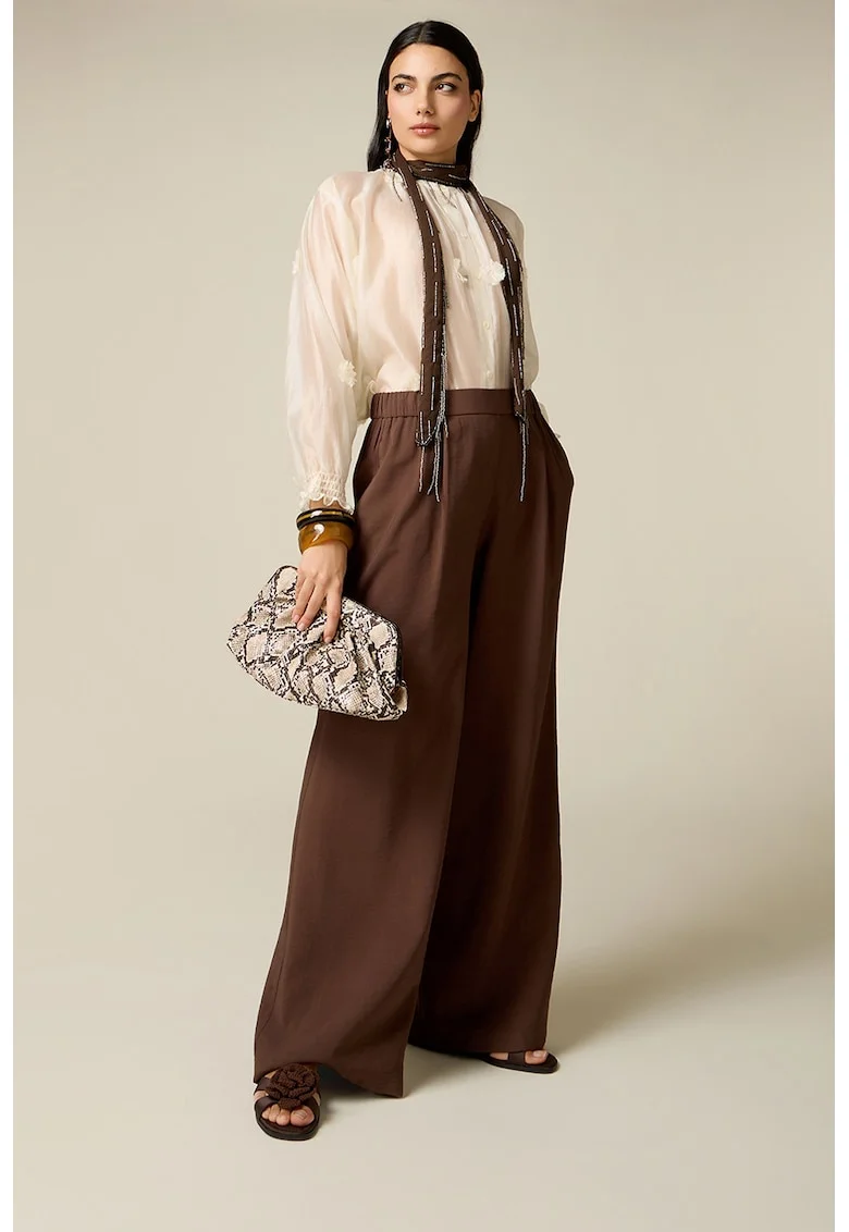 Pantaloni cu croiala ampla si talie inalta, Maro cognac