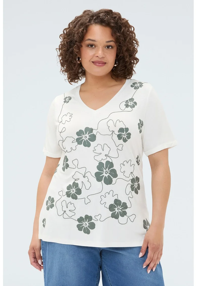 Tricou cu decolteu in V si imprimeu floral, Alb/Verde stins