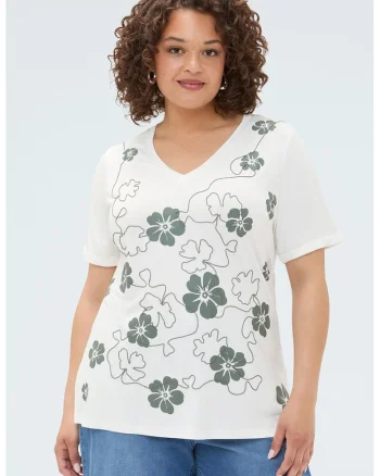 Tricou cu decolteu in V si imprimeu floral, Alb/Verde stins