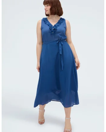 Rochie vaporoasa cu cordon in talie, Albastru cobalt