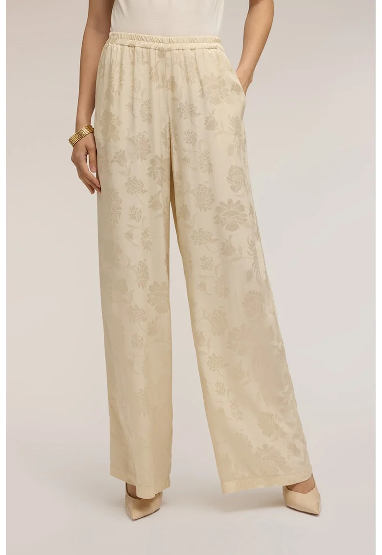 Pantaloni cu croiala dreapta, talie medie si model floral, Crem