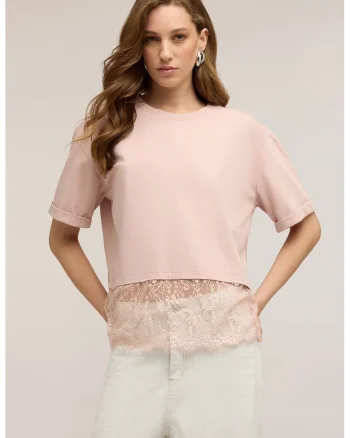 Tricou din bumbac cu garnitura din dantela, Nude rose