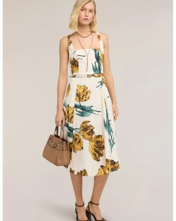 Rochie cu decolteu patrat si model floral, Verde/Alb fildes/Portocaliu