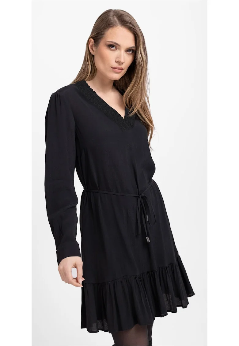 Rochie lejera din viscoza cu maneci lungi,  G-Peya, decolteu in V, neagra, Negru