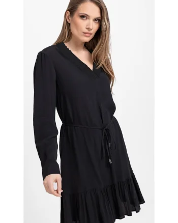 Rochie lejera din viscoza cu maneci lungi,  G-Peya, decolteu in V, neagra, Negru