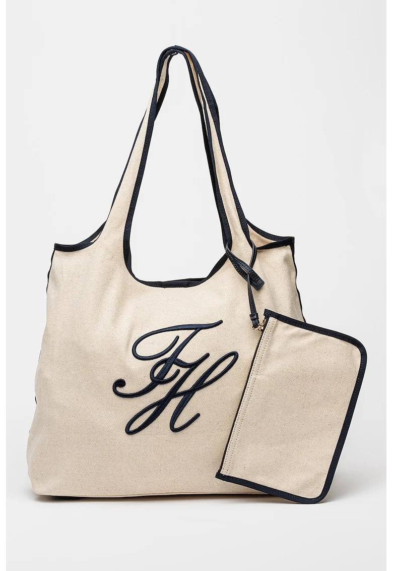 Geanta tote din amestec de in si bumbac cu broderie logo, Negru/Crem