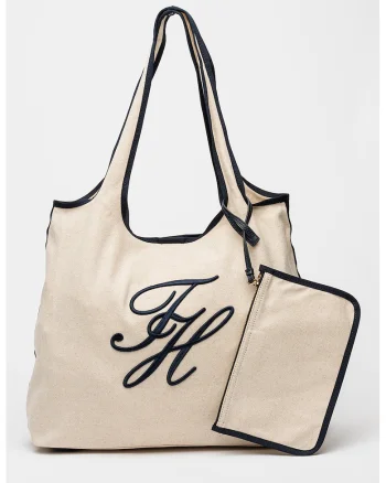 Geanta tote din amestec de in si bumbac cu broderie logo, Negru/Crem