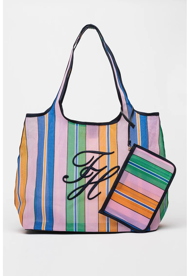Geanta tote cu model in dungi si etui asortat, Multicolor