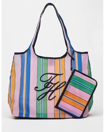 Geanta tote cu model in dungi si etui asortat, Multicolor