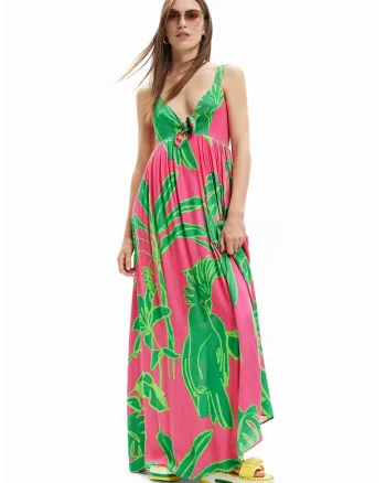 Rochie maxi cu decolteu in V si imprimeu, Verde/Roz