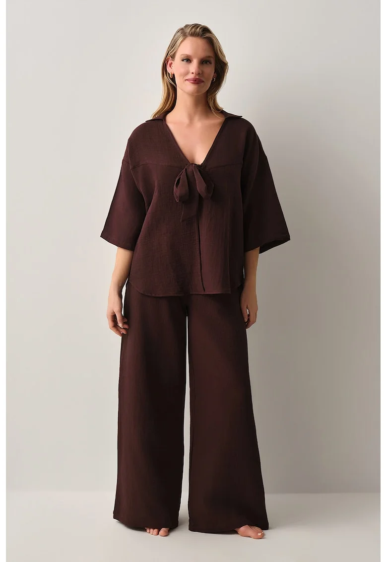 Set de camasa de plaja din bumbac si pantaloni cu croiala ampla, Maro pamantiu