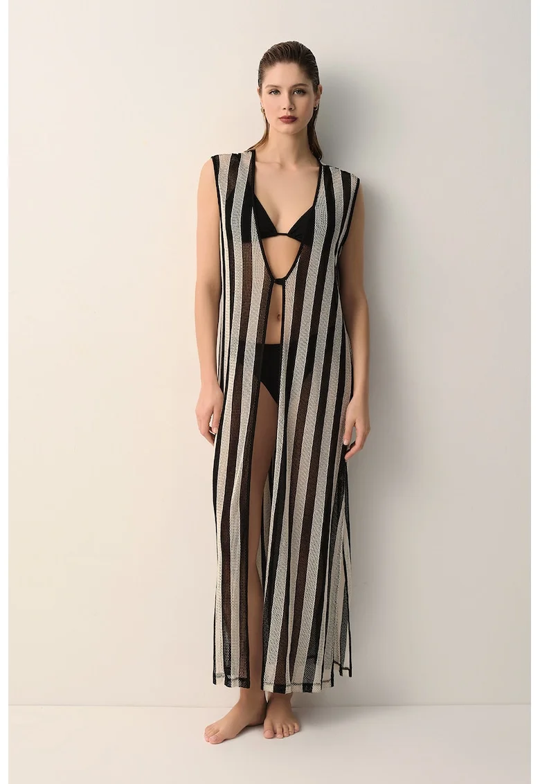 Rochie maxi de plaja cu dungi, Negru/Alb murdar