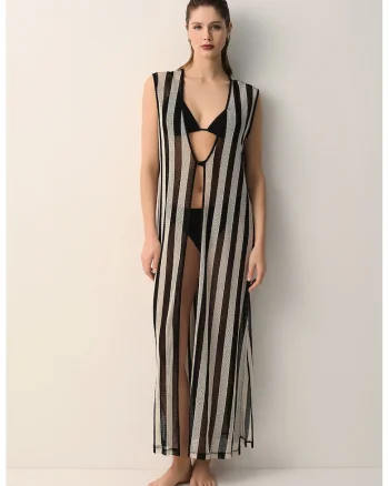 Rochie maxi de plaja cu dungi, Negru/Alb murdar
