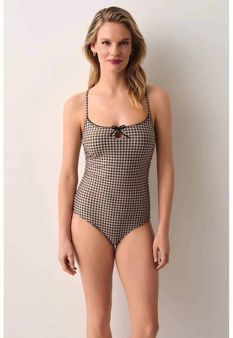 Costum de baie intreg Gingham, Negru/Bej deschis