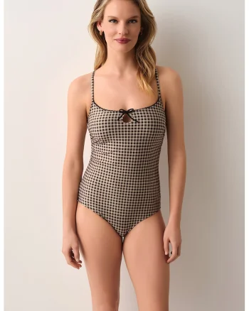 Costum de baie intreg Gingham, Negru/Bej deschis