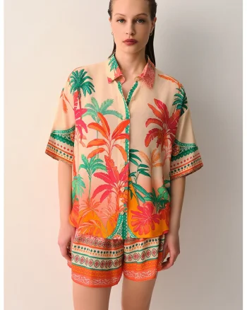 Camasa cu design tropical, Portocaliu mandarina/Verde pal/Crem