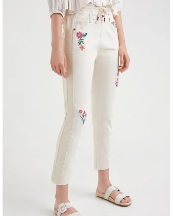 Blugi jogger crop cu broderie florala si talie inalta, Alb fildes