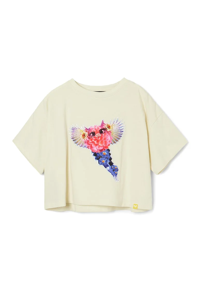 Tricou crop cu imprimeu grafic, Crem