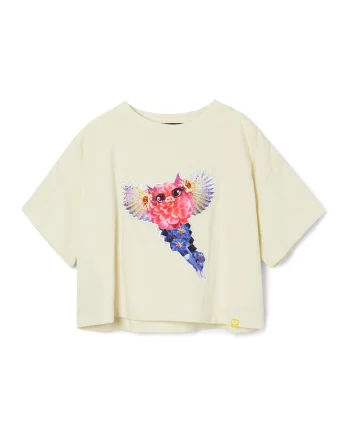 Tricou crop cu imprimeu grafic, Crem
