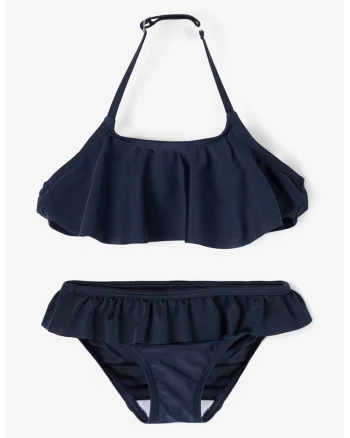 Costum de baie din doua piese, cu volane, Bleumarin