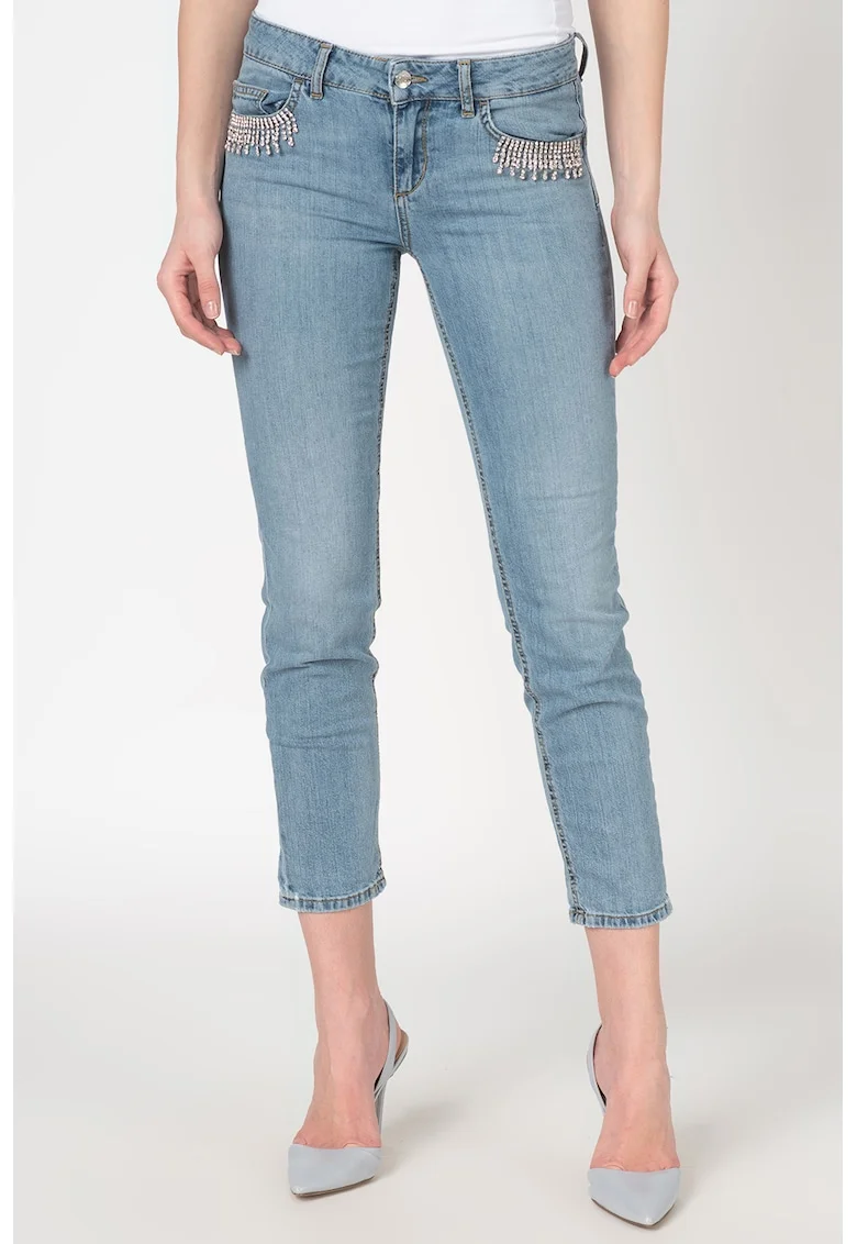Blugi crop cu detalii cu strasuri, Albastru deschis
