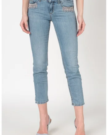 Blugi crop cu detalii cu strasuri, Albastru deschis